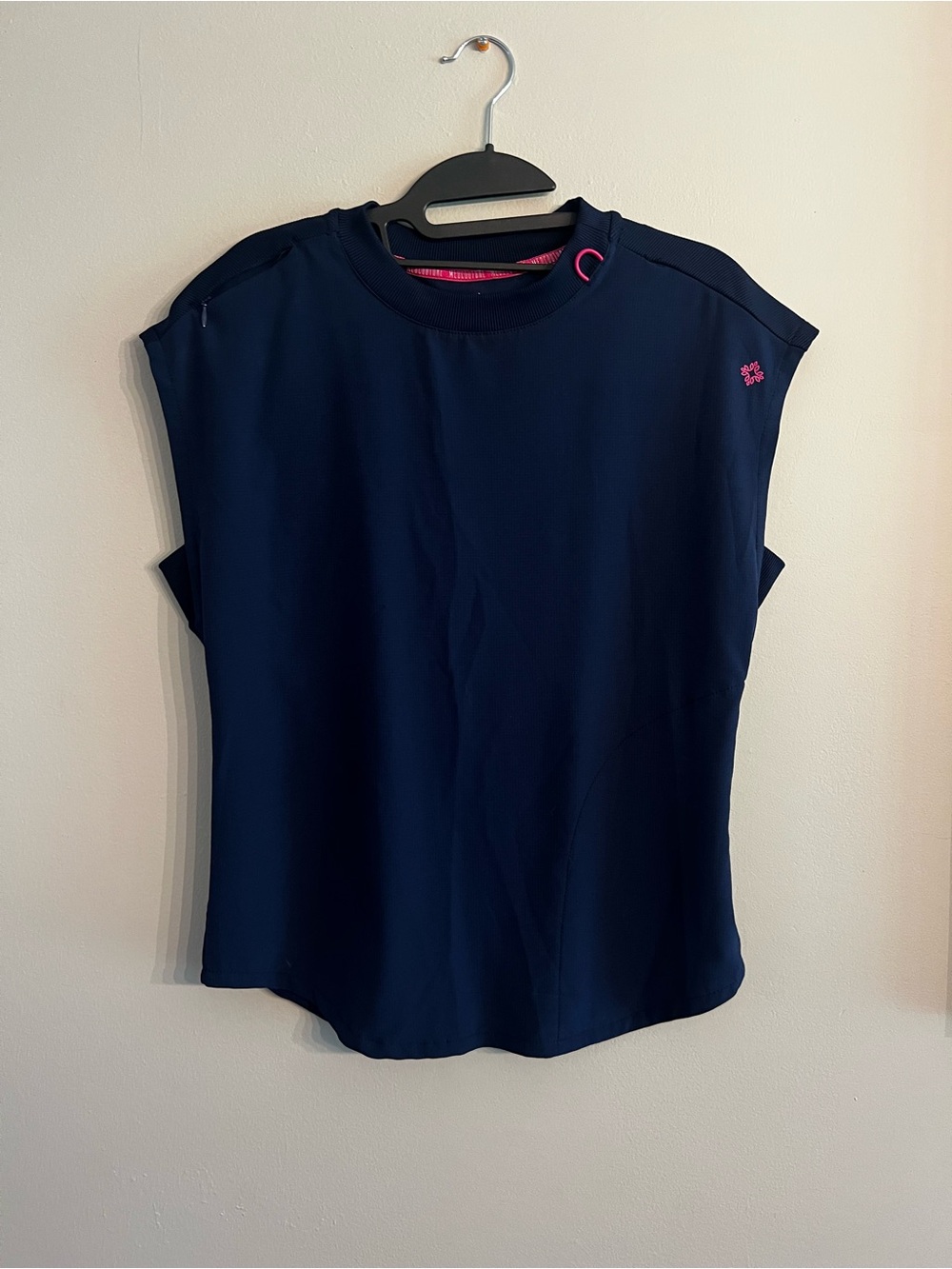 Med Couture Navy Sleeveless Scrub Top Pink Accents